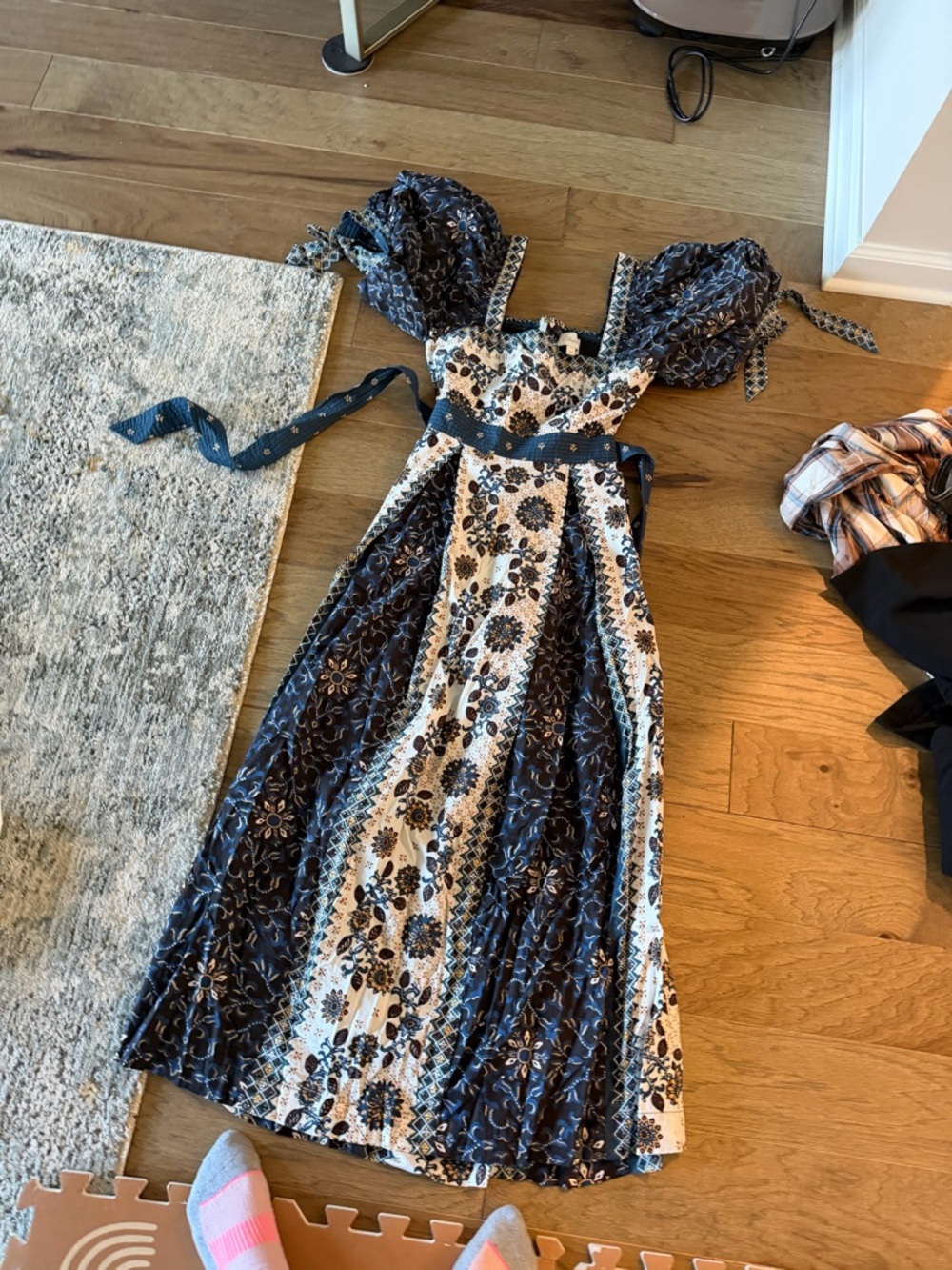 Cleobella Navy and Cream Floral Tie-Waist Maxi Dress